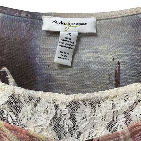 Style & Co, Womens Top Plus Size 2X Gray Red Floral 3/4 Sleeve Lace Trim - Picture 5 of 8